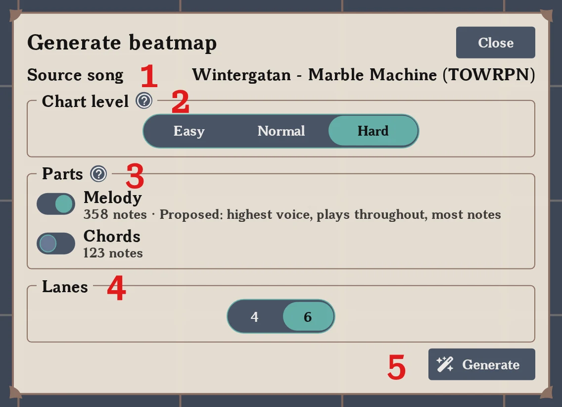 The generate beatmap window
